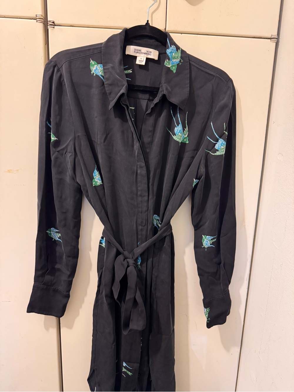 Diane von Furstenberg DVF Shirt Dress Womens 10 Bird Print Long Sleeve silky